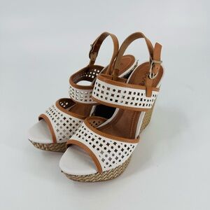 Ramarin Women’s Wedge Sandals Size 8 Brown White Cutout Strappy Espadrille Shoes